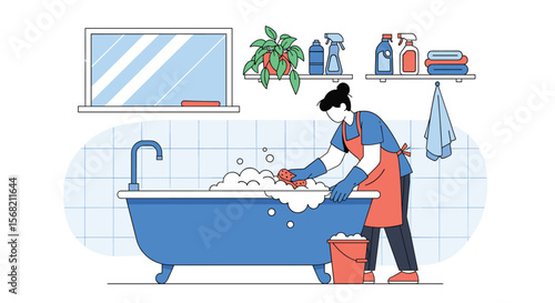 Illustrating a Person Cleaning a Bathtub with Soap Bubbles and Cleaning Supplies PNG