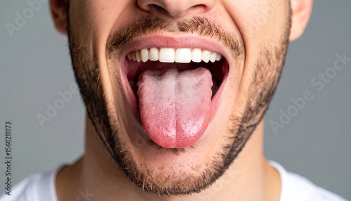 Man's mouth open showing tongue