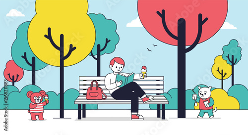 Enjoying a peaceful day in the park reading a book with cute animal friends