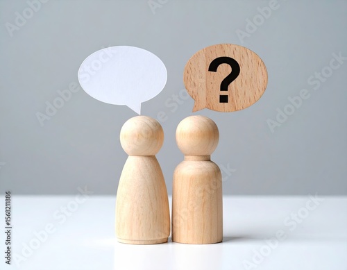 Wooden figures with speech bubbles, one with a question mark