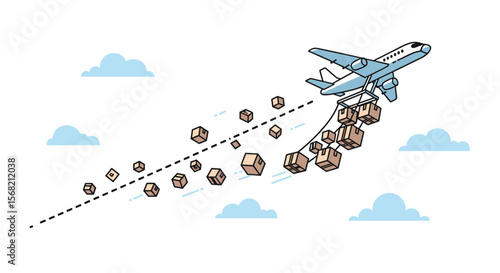 Airplane Delivering Packages Through Cloudy Sky Fast Shipping Logistics Concept