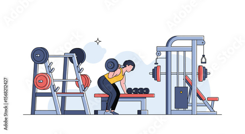 Athletic person performing a bent over row exercise with weights in a well equipped gym setting with modern fitness machines and equipment