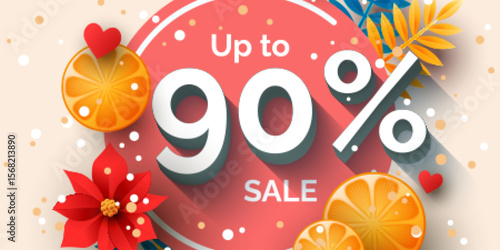 Up to 90 percent sale banner template design. Vector holiday discount illustration