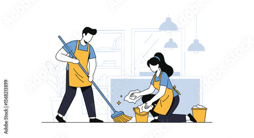 Professional Cleaning Service Team Working Together To Maintain A Clean And Tidy Home Environment