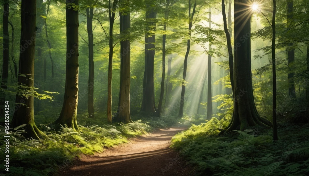 Fototapeta premium Sunlit forest path with tall trees and green foliage