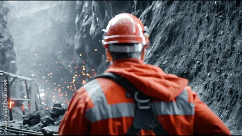 A man in an orange safety suit is looking at a large pile of rubble.  chaotic and dangerous, with the rubble possibly being the result of a natural disaster or an accident