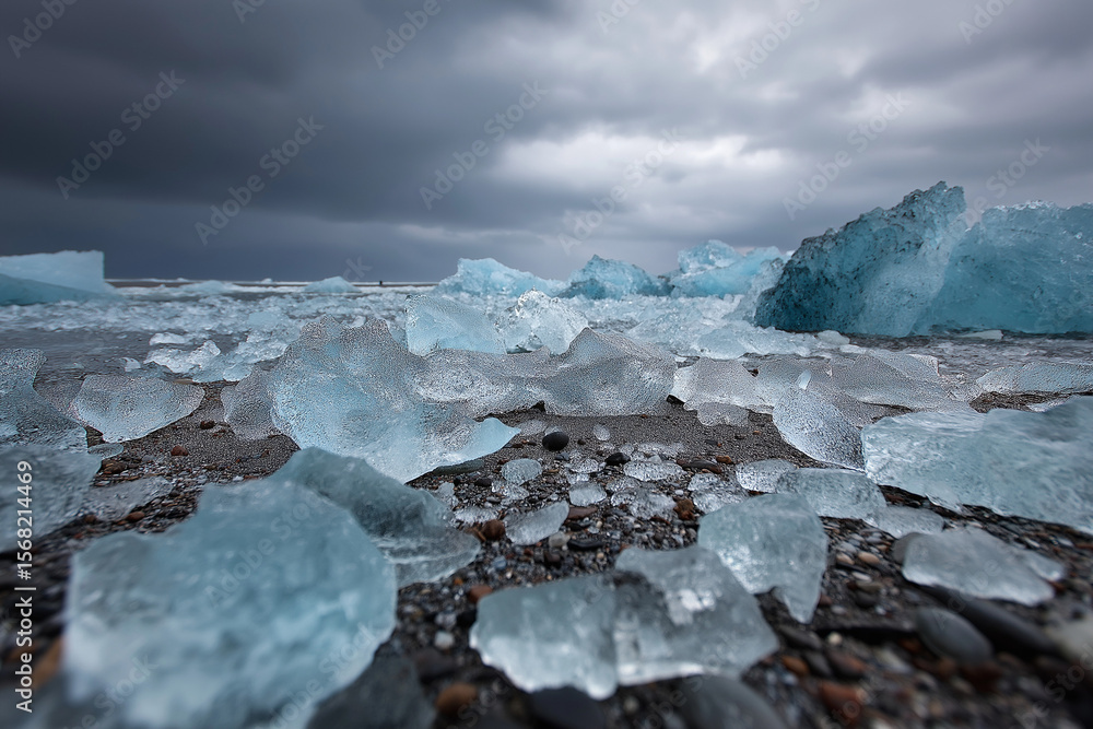 An ice-covered beach with large, floating pieces of blue and white ice, An ice-covered beach with large, floating pieces of blue and white ice,