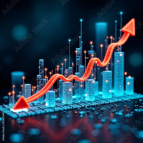 Digital financial data visualization with ascending red arrow and blue charts