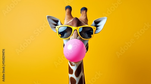 Cool giraffe blowing bubblegum wearing sunglasses on yellow background