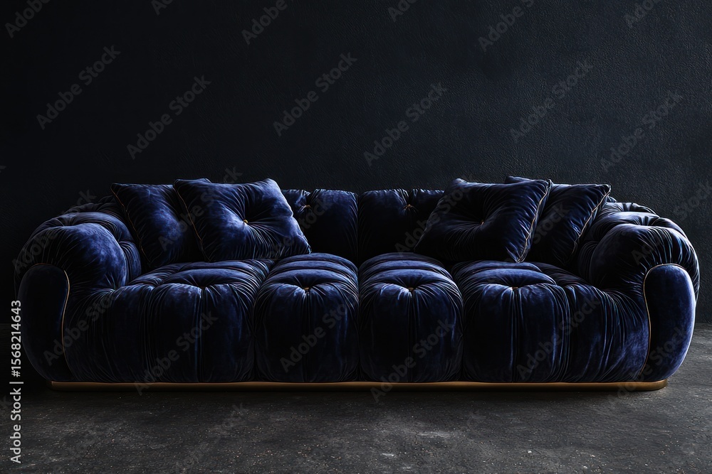 Fototapeta premium Deep blue velvet sectional sofa with tufted upholstery