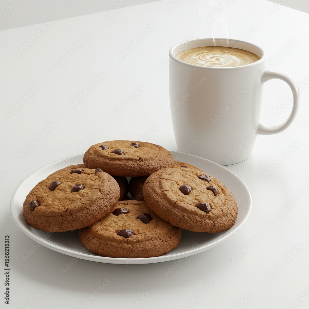 Plate of freshly baked chocolate chip cookies served with a hot coffee in a white mug, set on clean white table. Plate of freshly baked chocolate chip cookies served with a hot coffee in a white mug, set on clean white table.