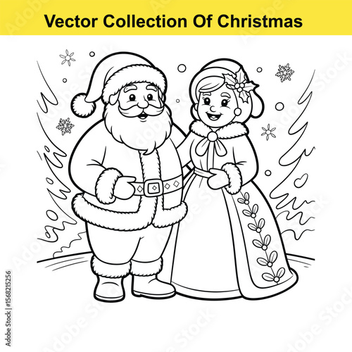 Vector art of santa and mrs claus are standing together in the snow isolated on white background