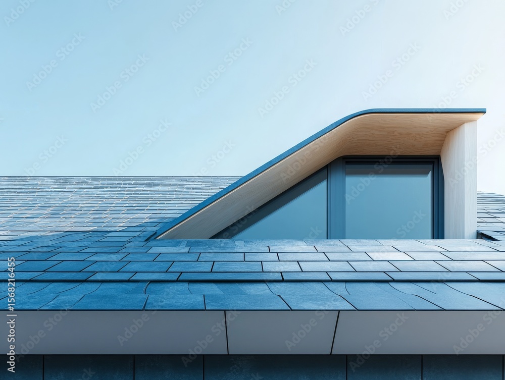 Fototapeta premium Sleek Dormer Window on a Modern Tiled Roof Against a Clear Blue Sky, showcasing architectural design and natural light integration in contemporary home.