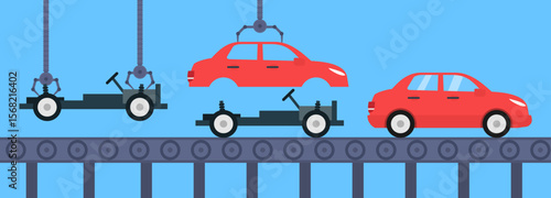 cars vehicles assembling conveyor automatic line factory production vector illustration