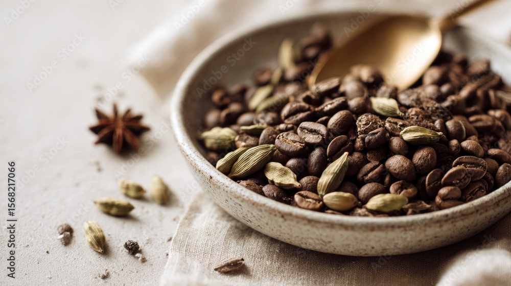 Fototapeta premium Coffee beans and spices in a bowl with a golden spoon 