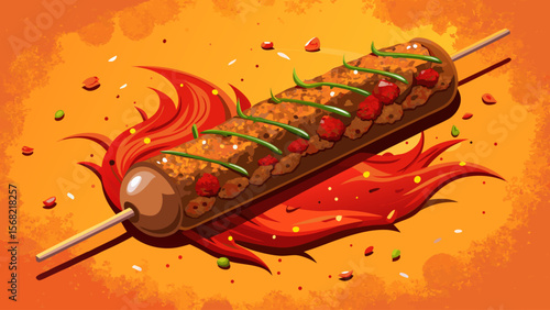 The famous Adana Kebab, with spicy minced meat and red pepper flakes, lies flattened along a skewer, glowing with a rich red tone and subtle smoke hints.
