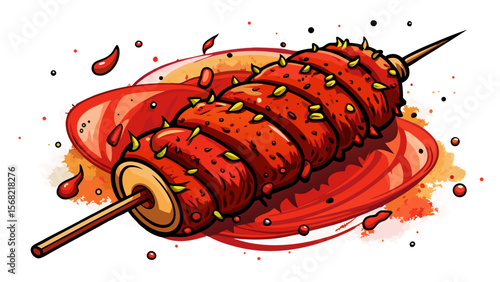 The famous Adana Kebab, with spicy minced meat and red pepper flakes, lies flattened along a skewer, glowing with a rich red tone and subtle smoke hints.