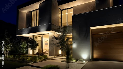 Wallpaper Mural Modern House Illuminated at Night with Exterior Lighting and Landscaping Torontodigital.ca