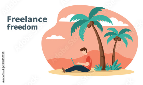Man enjoying freelance work by the beach, ideal for digital marketing, blog covers, or travel-related freelance lifestyle branding