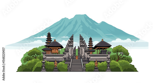 Illustration of a Balinese temple gateway with traditional architecture, lush greenery, and a mountain backdrop.