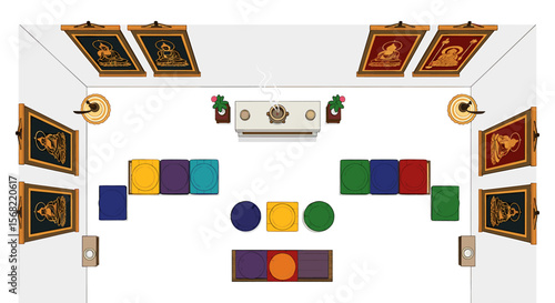 Top-down view of a room with framed artwork, colorful cushions, and a central table, likely a spiritual or ceremonial space.