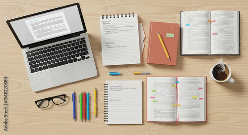 Flat lay student desk with books, laptop, and coffee