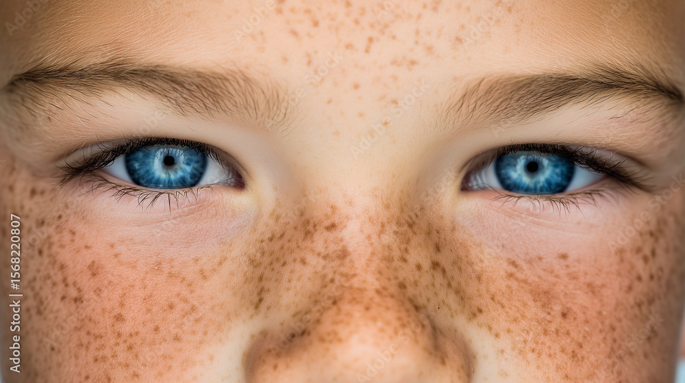 Fototapeta premium Close-up of child’s freckled blue eyes