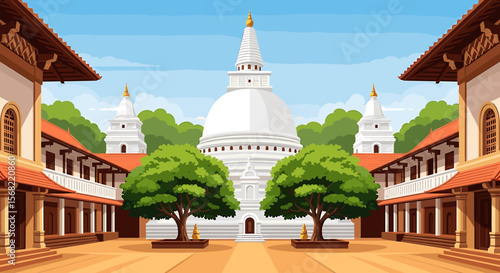 A serene illustration of a white stupa surrounded by traditional buildings and lush trees under a clear blue sky.