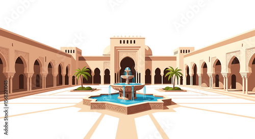 An illustration of a courtyard with a fountain, arches, and palm trees.