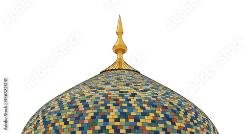 Ornate mosaic dome top with golden finial, detailed close-up view.