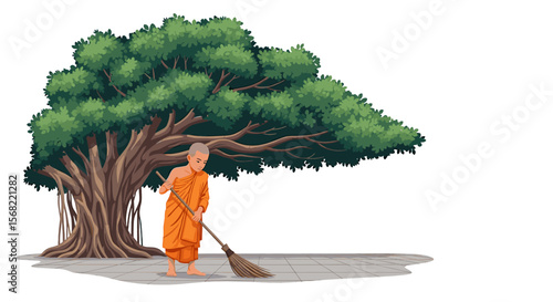 A Buddhist monk sweeps the ground beneath a large, leafy tree.