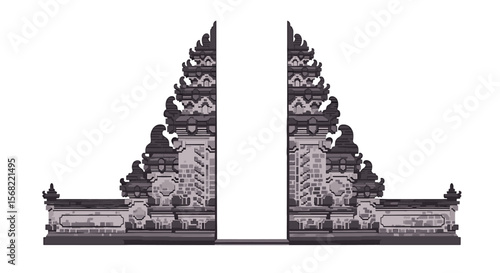 Detailed illustration of a traditional Balinese gate with intricate carvings and symmetrical design on a white background.