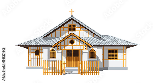 A detailed illustration of a church building with a cross atop the roof.