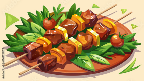 Grilled Brochette de Bœuf from France features marinated beef cubes and vegetables, artistically arranged on skewers, with glossy grilled sheen.

