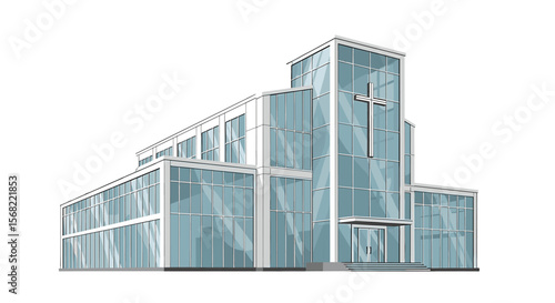 Modern glass building with a cross, representing a place of worship.