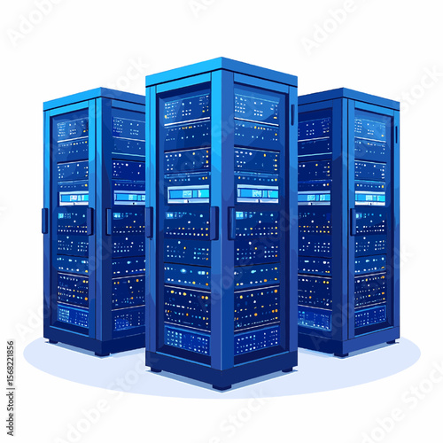 Three Dark Blue Servers with Metallic Frame in a Data Center with White Background Network and Data Storage System