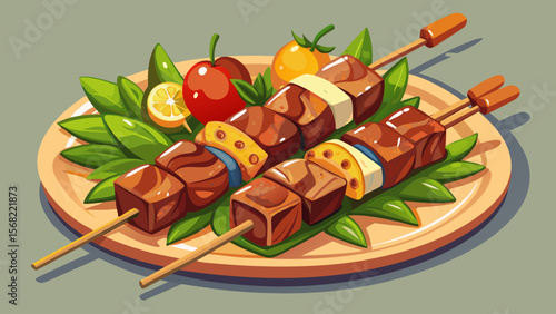 Grilled Brochette de Bœuf from France features marinated beef cubes and vegetables, artistically arranged on skewers, with glossy grilled sheen.


