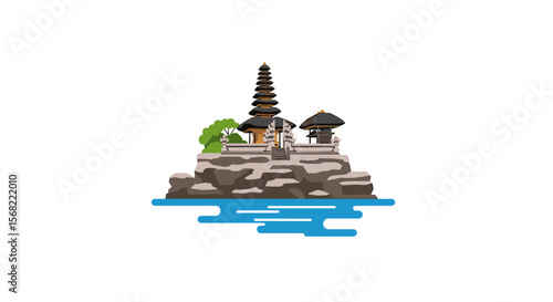 Pixel art depiction of a Balinese temple situated on a rocky outcrop, surrounded by calm water.