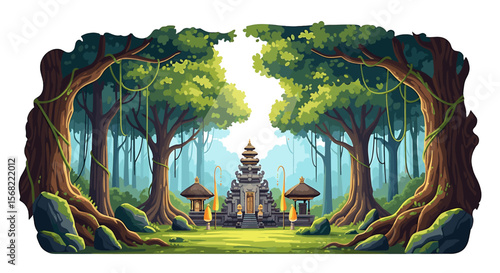 An idyllic scene of a Balinese temple nestled within a lush, vibrant forest, bathed in sunlight.