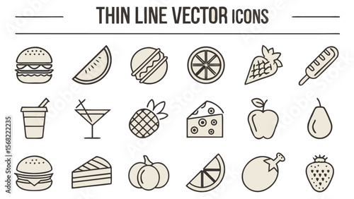 A  collection of thin line vector illustration icons in black different food-related concepts, such as burgers, fruits, drinks, meals, easily editable and scalable.