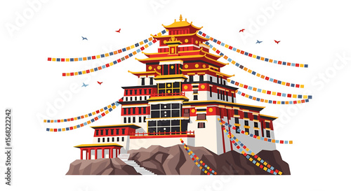 A vibrant illustration of a majestic Tibetan Buddhist monastery, adorned with prayer flags, perched atop a rocky outcrop.