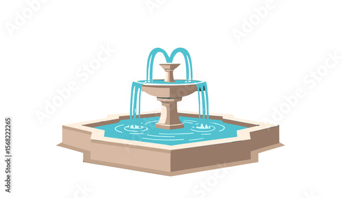 A stylized illustration of a decorative fountain with flowing water, isolated.