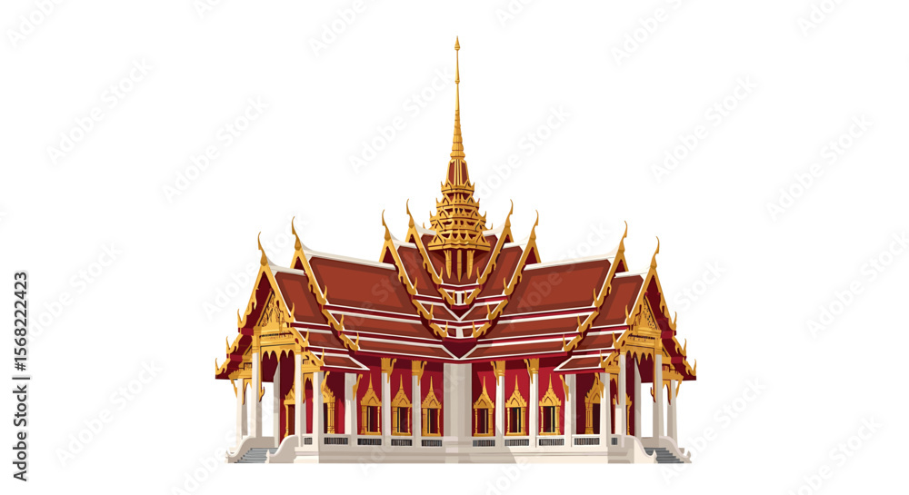 Naklejka premium An ornate Thai temple with a red roof and golden details, isolated on white.