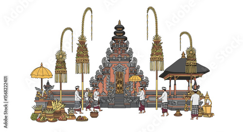 Balinese temple ceremony with offerings and attendants.