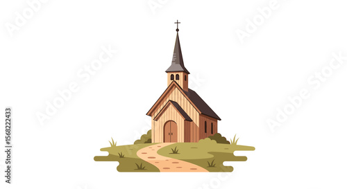 A simple illustration of a wooden church building with a cross atop the steeple.