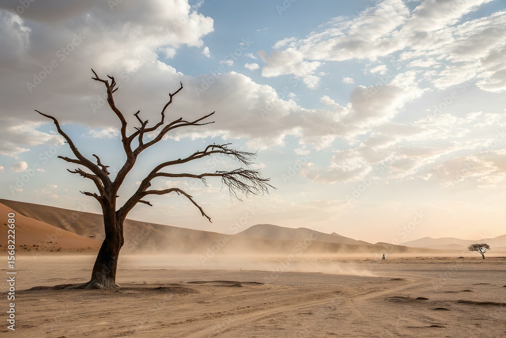 Dead tree in windswept desert under a dramatic evening sky with blowing sand, distant dunes, and fading light reflecting on cracked terrain Dead tree in windswept desert under a dramatic evening sky with blowing sand, distant dunes, and fading light reflecting on cracked terrain