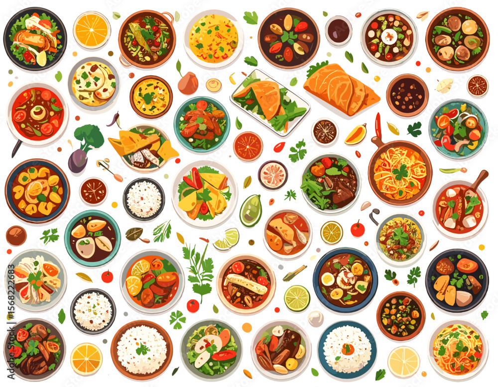Various Food Dishes in Pixel Art Style With Bright Colors and Overhead Angle Showcasing Rich Culinary Diversity Various Food Dishes in Pixel Art Style With Bright Colors and Overhead Angle Showcasing Rich Culinary Diversity