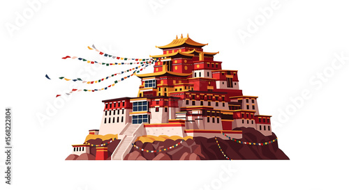 Illustration of a red and white Tibetan monastery perched on a rocky hill with prayer flags.