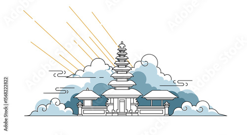 Illustration of a traditional Balinese temple with tiered roofs, surrounded by stylized clouds and sun rays.