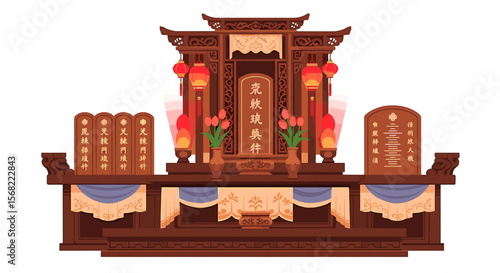 Ornate wooden altar, decorated with lanterns and floral arrangements, likely for a religious ceremony.